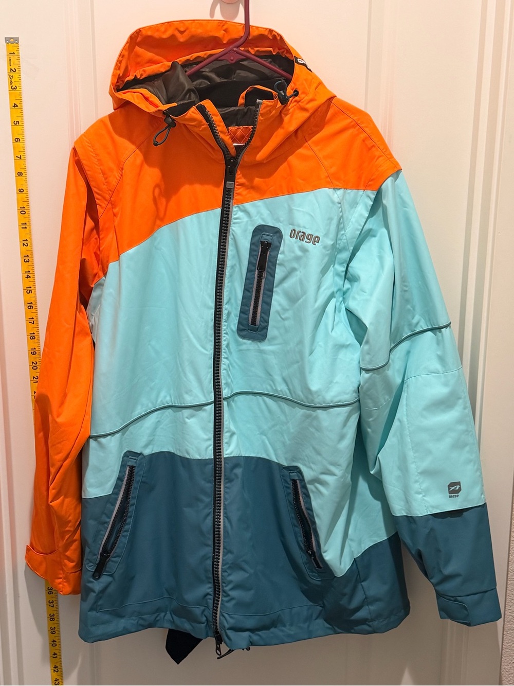 Orage Colorblock Men’s Hooded Ski Jacket - Orange & Light Blue & Teal